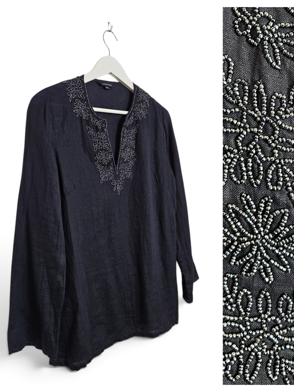 Lands' End Tunic Top Size S 100% Linen Beaded Embroidered Boho Black V Neck
